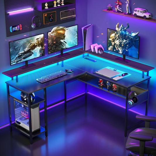Computer Desk 56.7" with LED Lights and Power Outlets, Carbon Fiber Surface, Reversible L Shaped Gaming Desk with Monitor Stand, Office Desk with Storage, Desk with USB Port and Hook-1