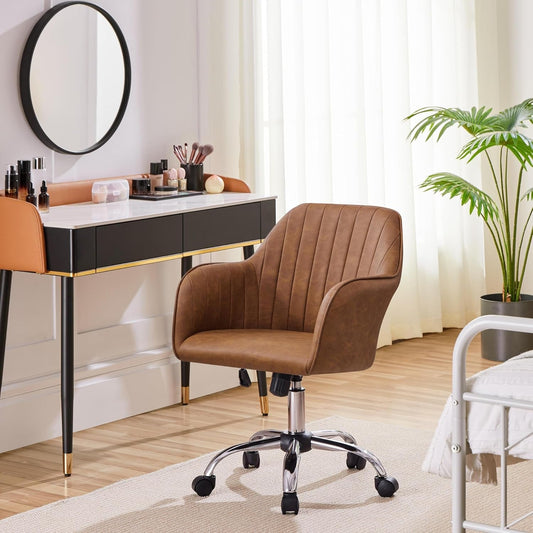 Modern Faux Leather Desk Chair Height Adjustable Task Chair Swivel Office Chair Makeup Chair Computer Chair Mid Back Chair Living Room Chairs with Arms Retro Brown-1
