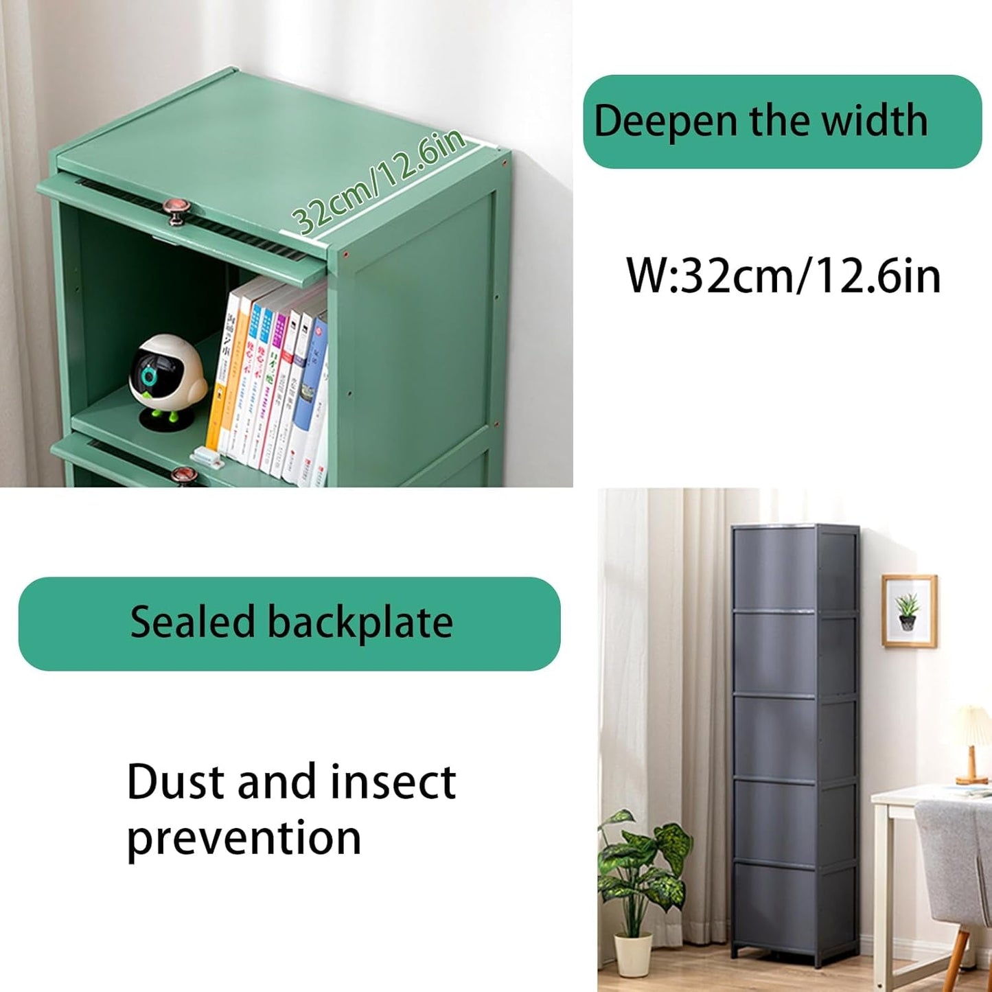 Bookcase with Clear Doors, 4-Tier Tall Bookshelf with Storage Cabinet, Bamboo Book Shelf and 4 Cube Organizer Book Case for Living Room, Freestanding Storage Cabinet (4-Tier Green)-3