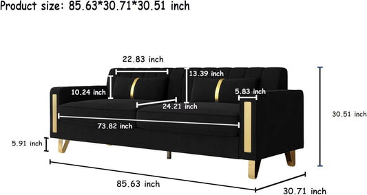 Loveseat Couch for Living Room, 86" Black Velvet Sofa Couch with 2 Pillows & Gold Metal Legs, Modern Upholstered Sofa Love Seat Sectional Couches for Apartment Home Office-1