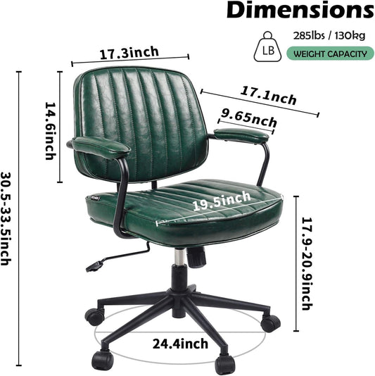 Mid Century Office Chair Leather Desk Chair Green Office Desk Chair Home Office Chair with Wheels and Arms-1
