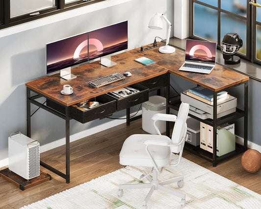 53 Inch L Shaped Computer Desk with Drawers, Corner Desk with Power Outlets & Reversible Storage Shelves, Movable CPU Stand for Home Office Gaming, Vintage-1