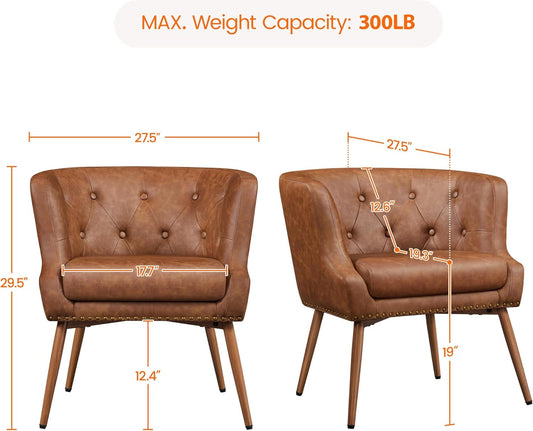 Modern Accent Chair, PU Leather Retro Armchair, Upholstered Barrel Chair with Metal Leg and Comfy Seat Cushion for Living Room Bedroom, Retro Brown, Set of 2-1