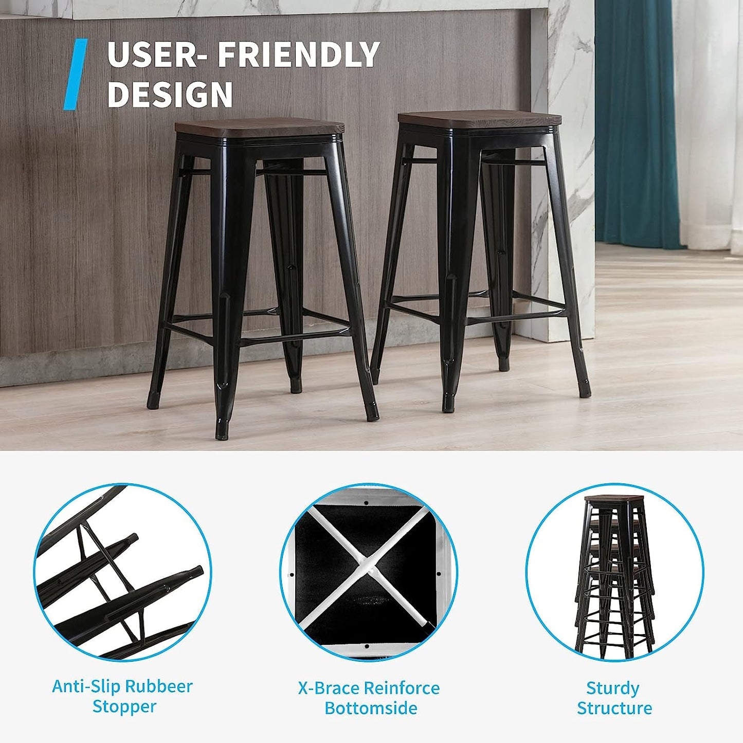 Square Metal Bar Stool Stackable Set of 2-3