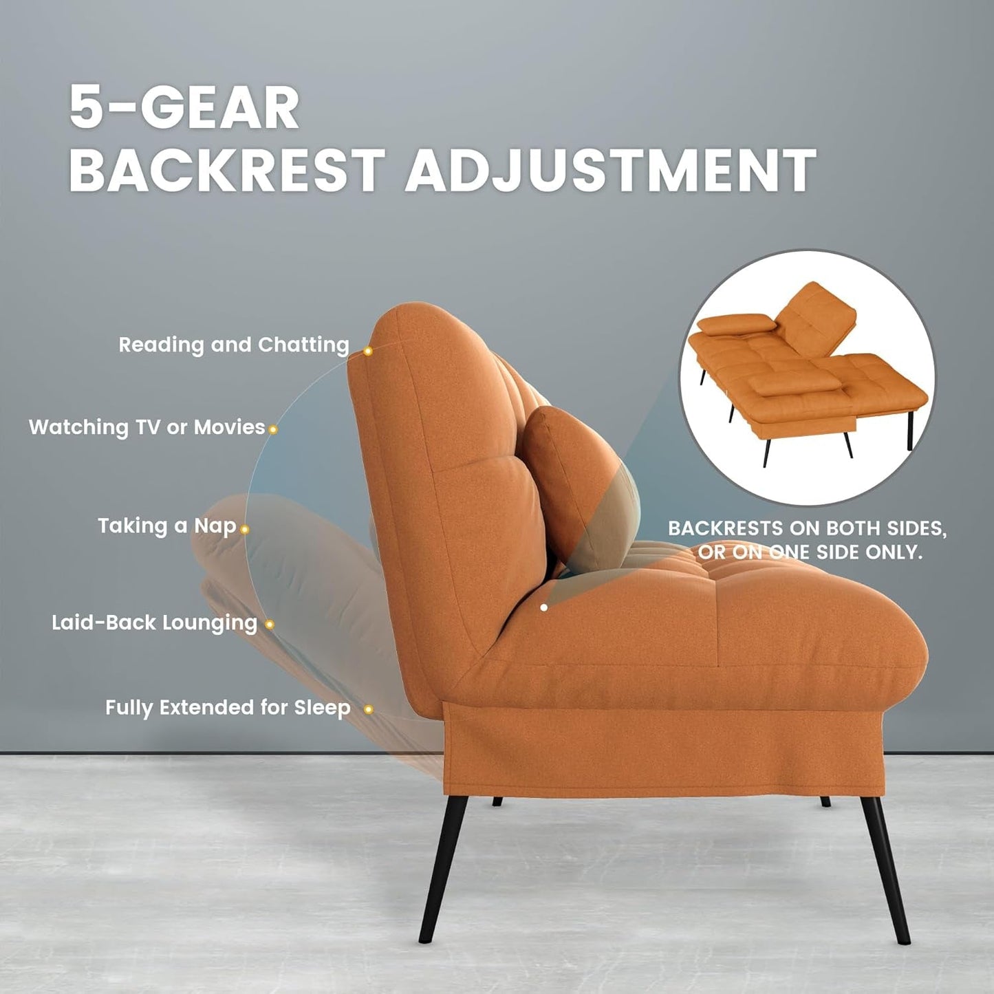 Convertible Futon Sofa Bed, 68″Fabric Futon Couch with Adjustable Backrest, Folding Futon Sleeper Recliner for Living Room Furniture (Orange Brown)-4