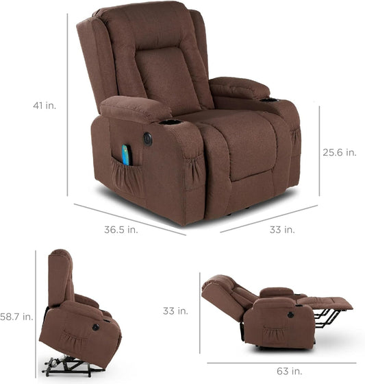Modern Linen Electric Power Lift Chair, Recliner Massage Chair, Adjustable Furniture for Back, Legs W/ 3 Positions, USB Port, Heat, Cupholders, Easy-To-Reach Button - Brown-1