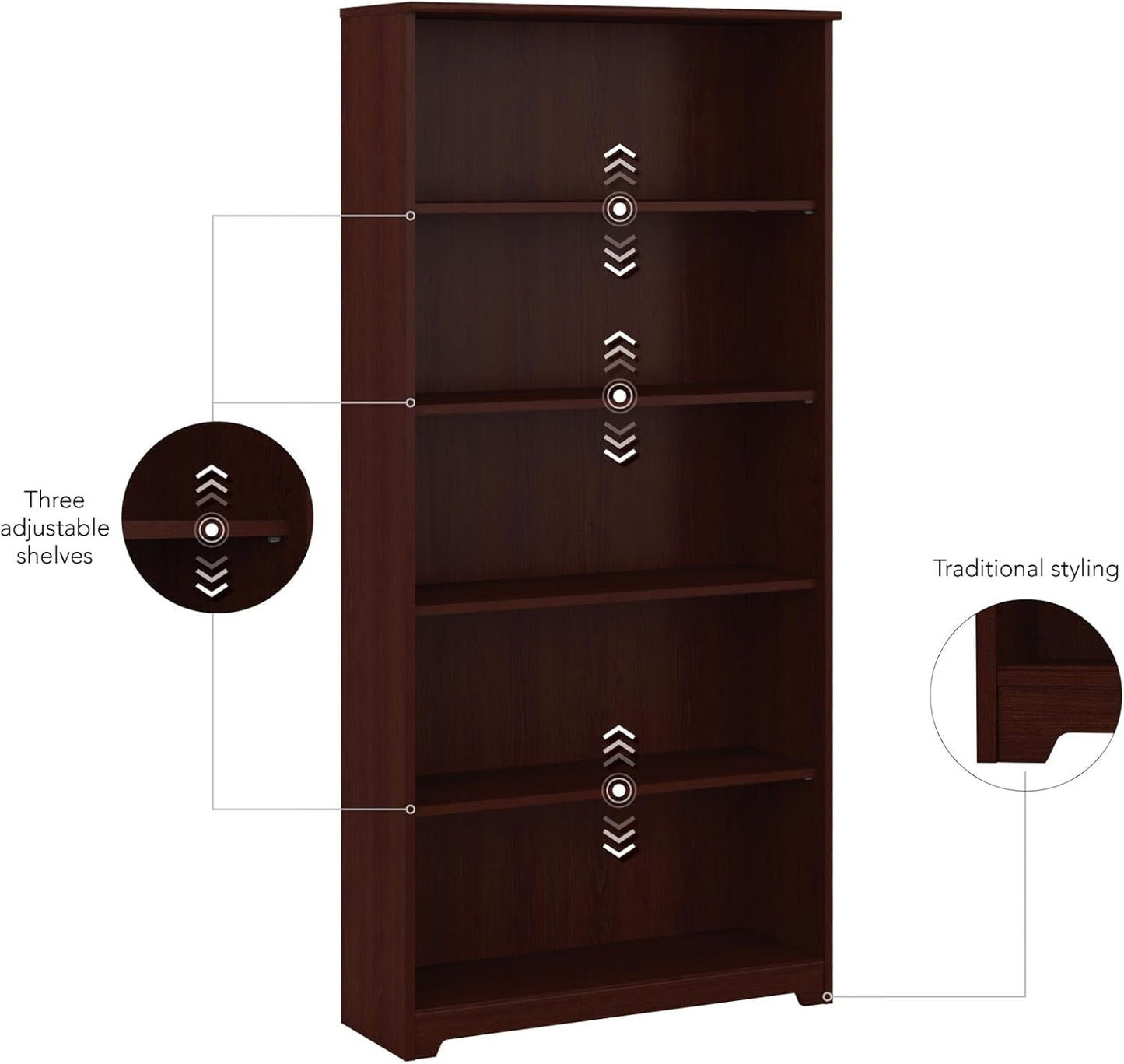 Bush Furniture Tall 5 Shelf Bookcase, Large Open Bookshelf, Sturdy Display Cabinet for Living Room or Home Office, Cabot Collection, Harvest Cherry-4