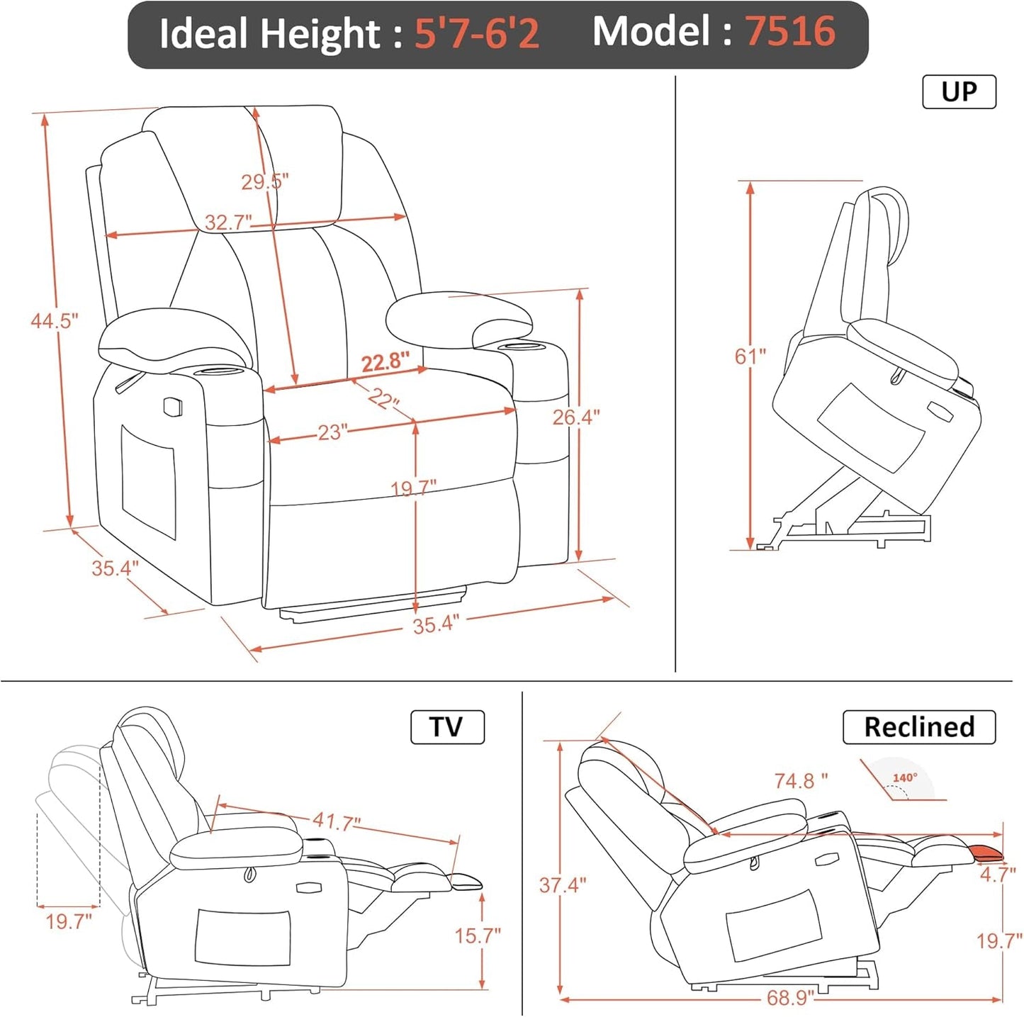 Large Power Lift Recliner Chair Sofa with Massage and Heat for Big and Tall Elderly People, 3 Positions and USB Ports, Extended Footrest, Fabric 7516 (Large, Coffee)-2