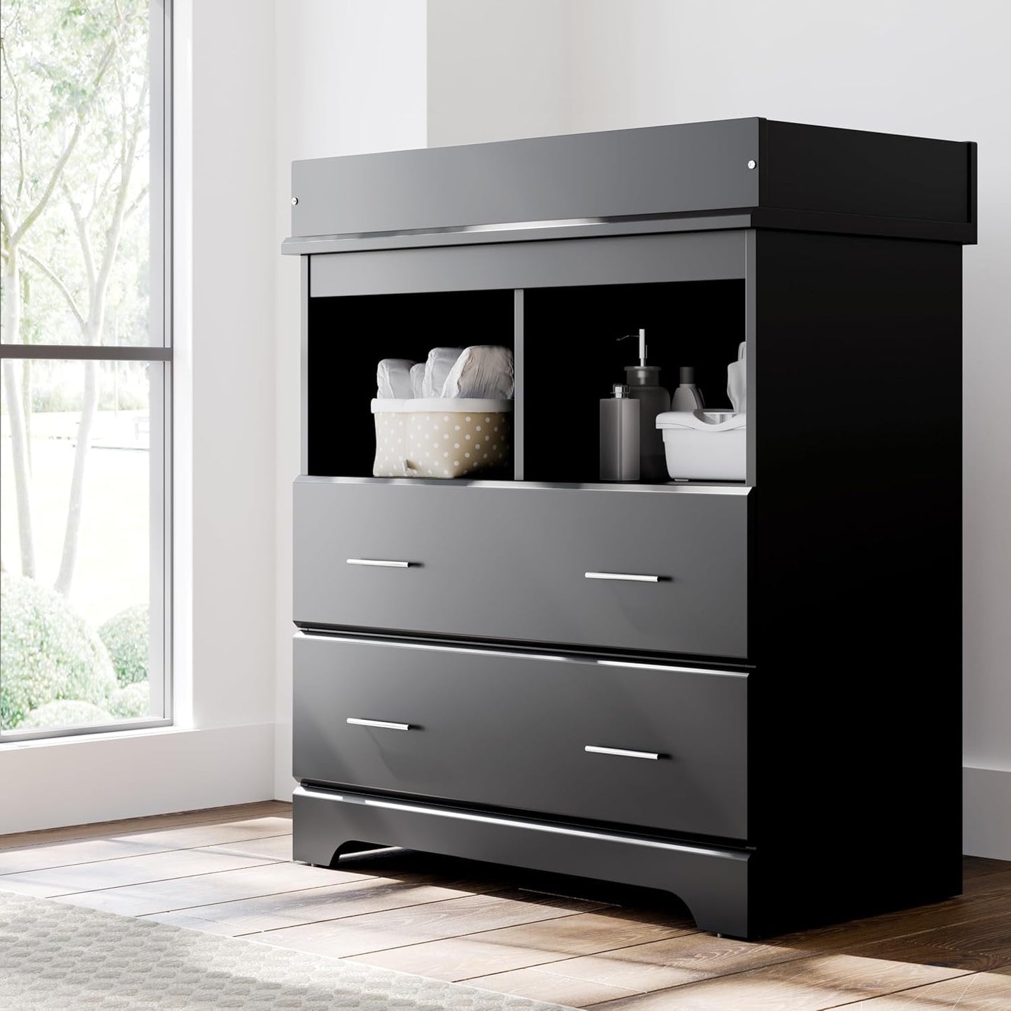 Brookside 2 Drawer Changing Table Dresser (Black) – GREENGUARD Gold Certified, Easy-To-Match Chest of Drawers and Cubbies for Nursery and Kids Bedroom, Includes Changing Table Topper-3