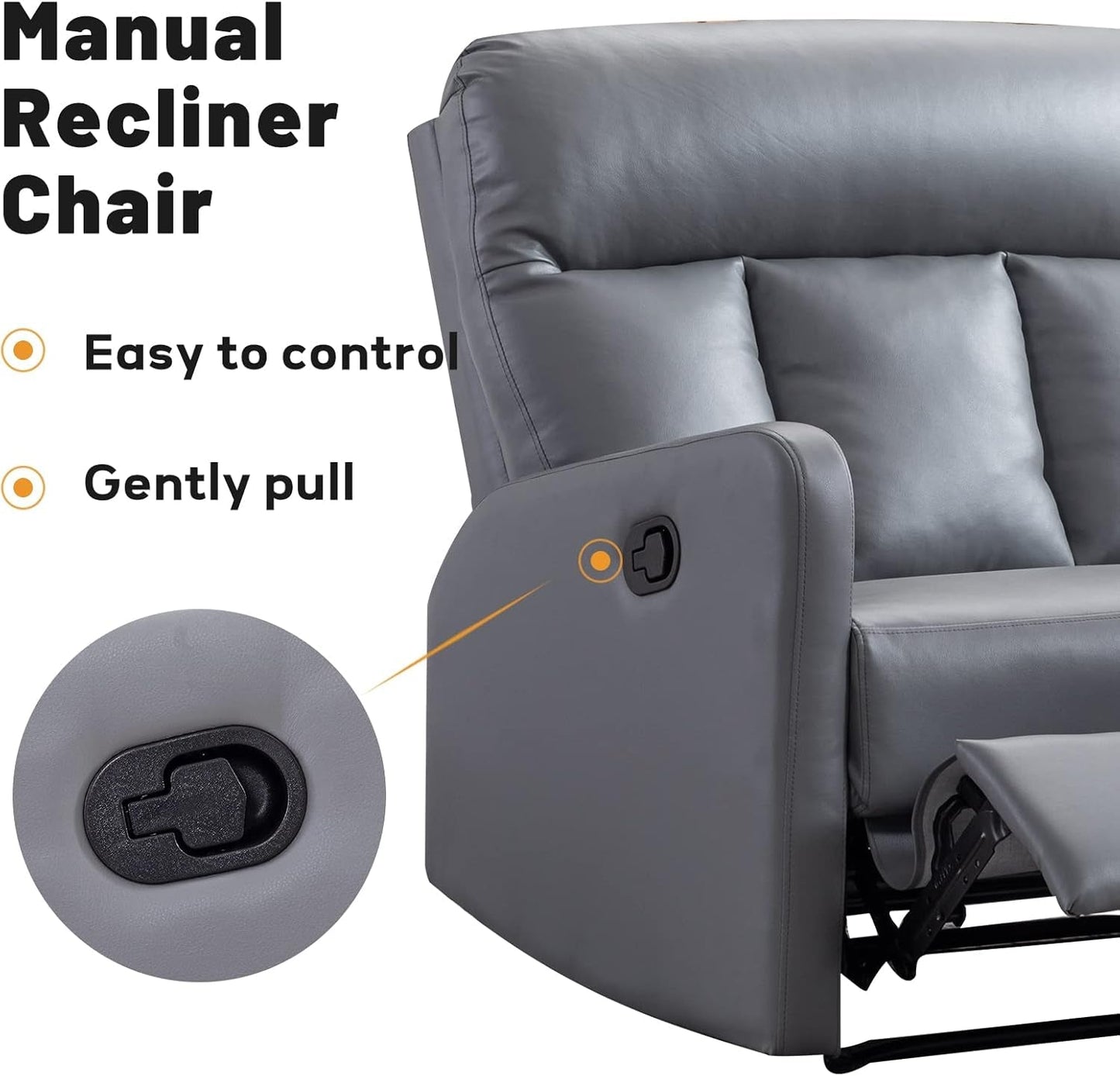 Oversized Wide Recliner Chair Faux Leather 2-Seater Recliners Roomy Manual Reclining Chairs for Living Room, Perfect for Pups to Sit Together, Grey-3