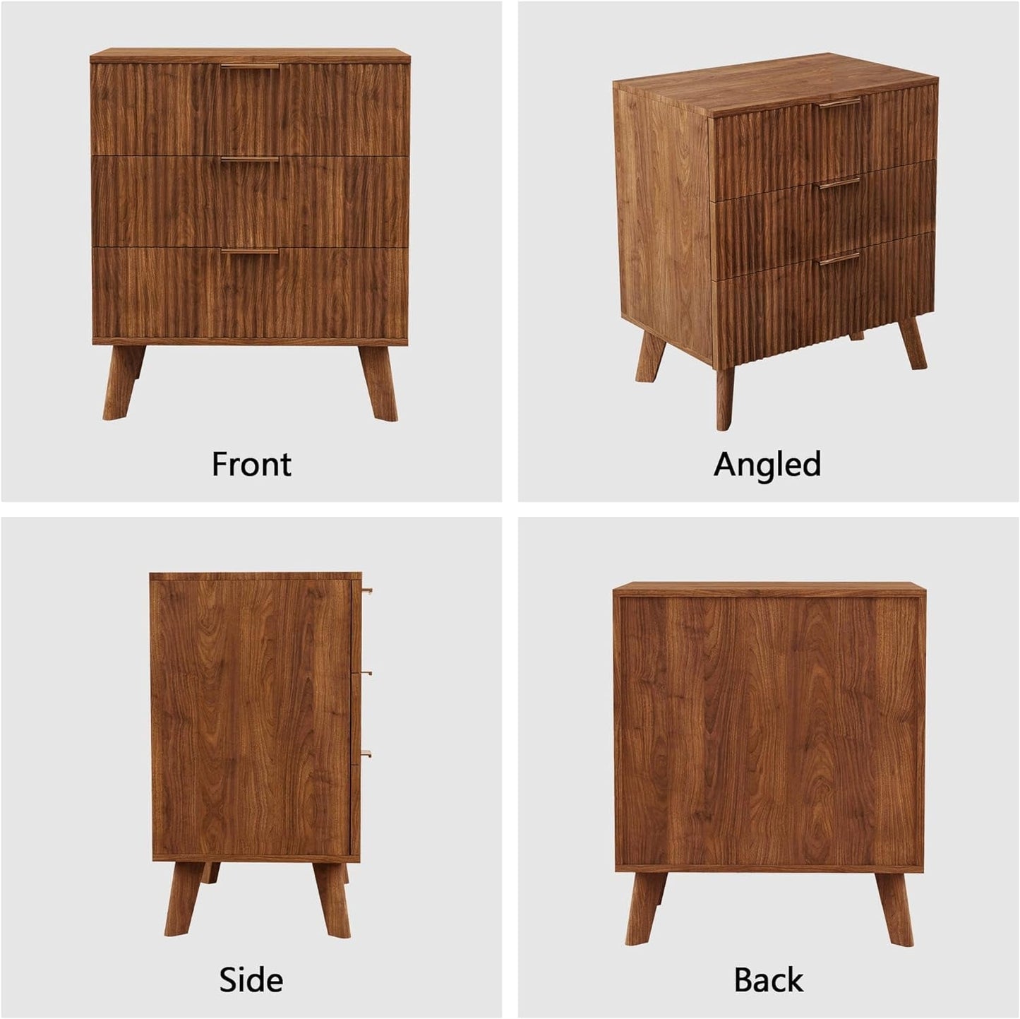 Fluted 3 Drawer Dressers, Modern Closet Dressers Chest of Drawers, Wood Storage Dresser Chest of Drawers Organizer for Bedroom Living Room Hallway Closet, Walnut, 2 Sets-4