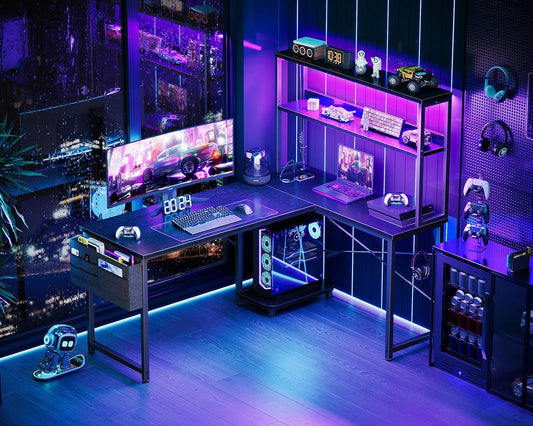 L Shaped Desk Gaming Desk with LED Light & Power Outlet, 53 Inch Reversible L Shaped Computer Desk with Shelf, Corner Desk with Storage Bag&Hook for Home Office Desk, Black-1