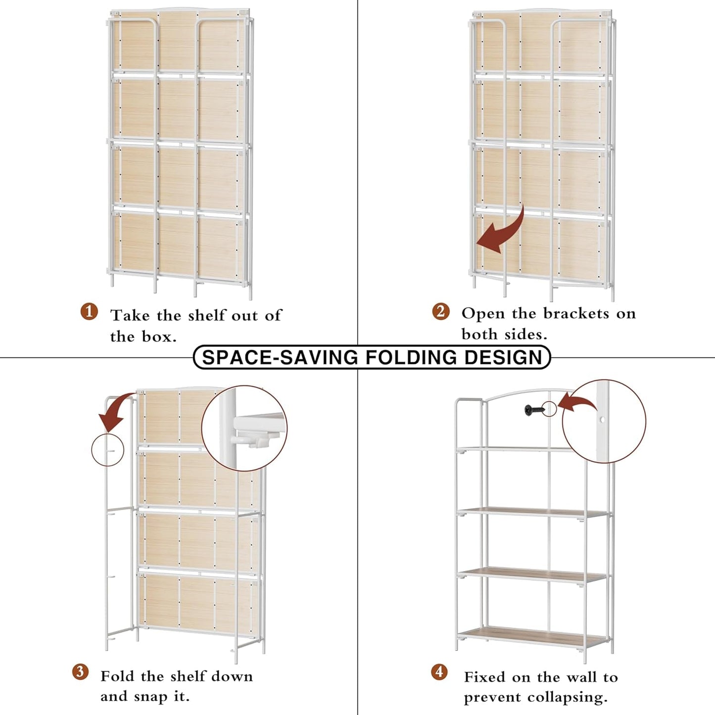 No Assembly Folding Bookshelf for Living Room, 4 Tier White Collapsible Book Shelf for Home Office, Portable Bookcase Storage Organizer-4