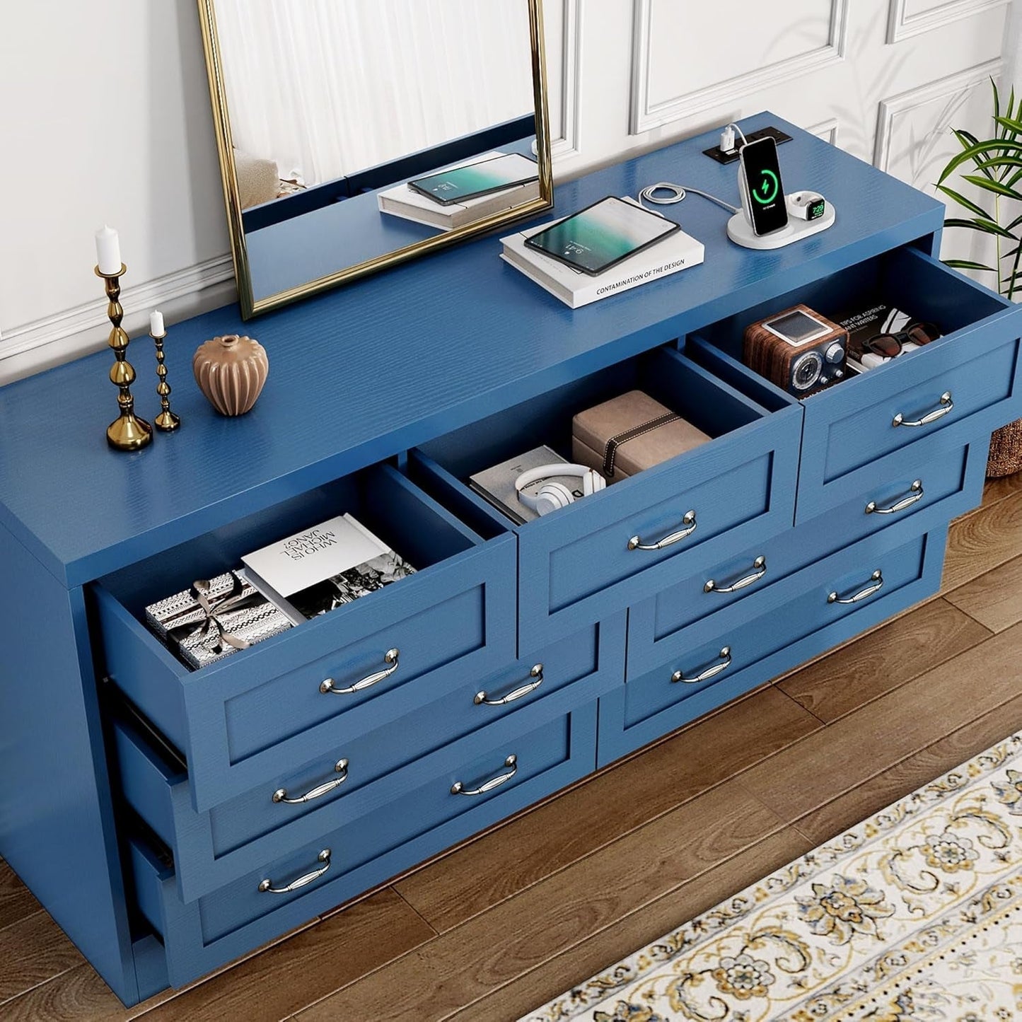 Drawers TV Stand for 65 Inches with Power Outlets -Chest of Drawers Dresser with Side Organizer Bag Entertainment Center TV Console, Blue-2