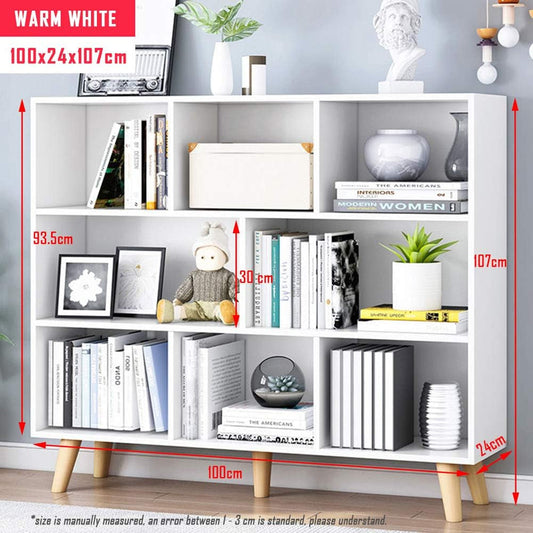 Wooden Open Shelf Bookcase - 3-Tier Floor Standing Display Cabinet Rack with Legs, 8 Cubes Bookshelf, Warm White-1