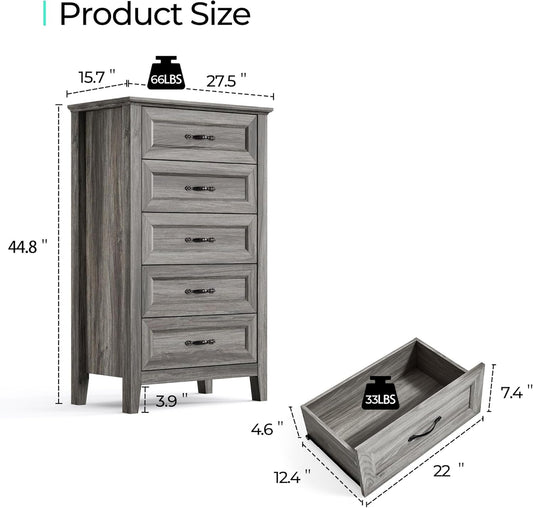 Farmhouse 5-Drawer Dresser - Grey Chest of Drawers for Bedroom and Living Room Organization, Wood Dresser with Ample Storage Space and Rustic Charm-1