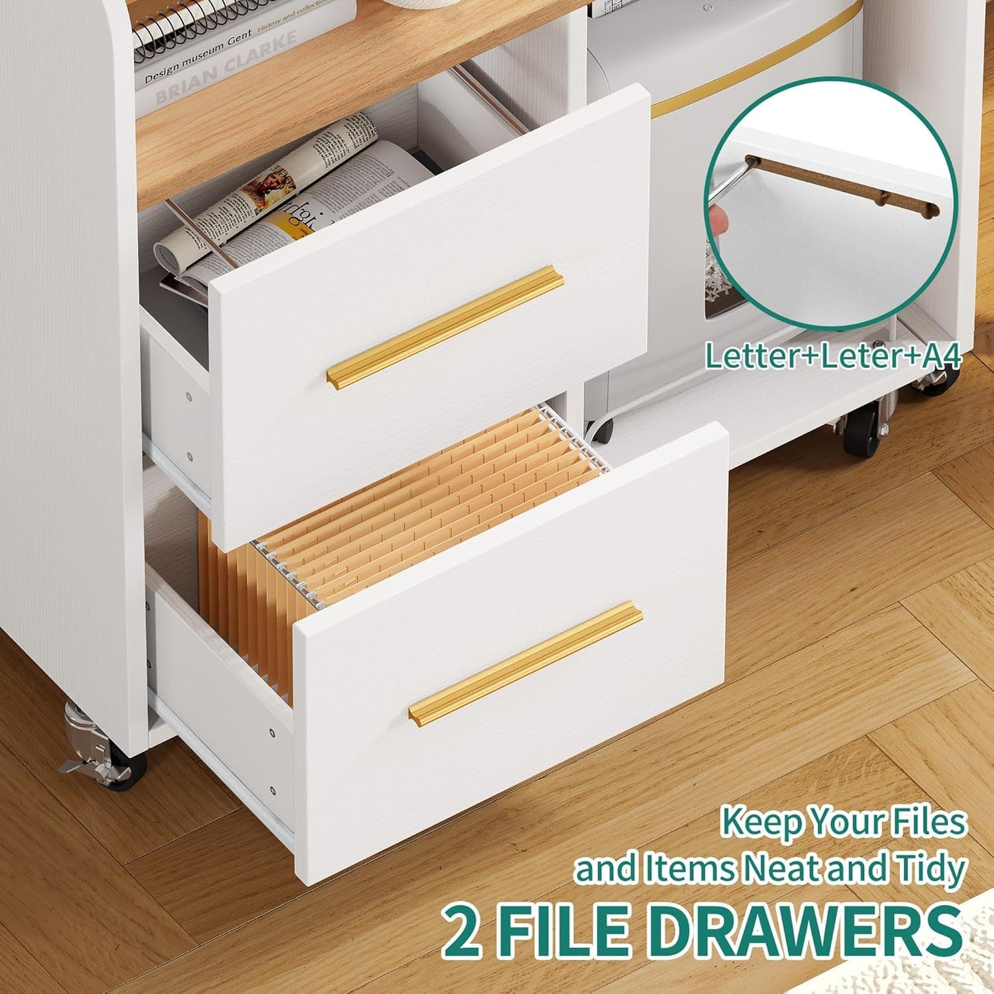 File Cabinet with Charging Station, 2 Drawer Lateral Filing Cabinet, Printer Stand with Open Storage Shelf for Home Office, White-3