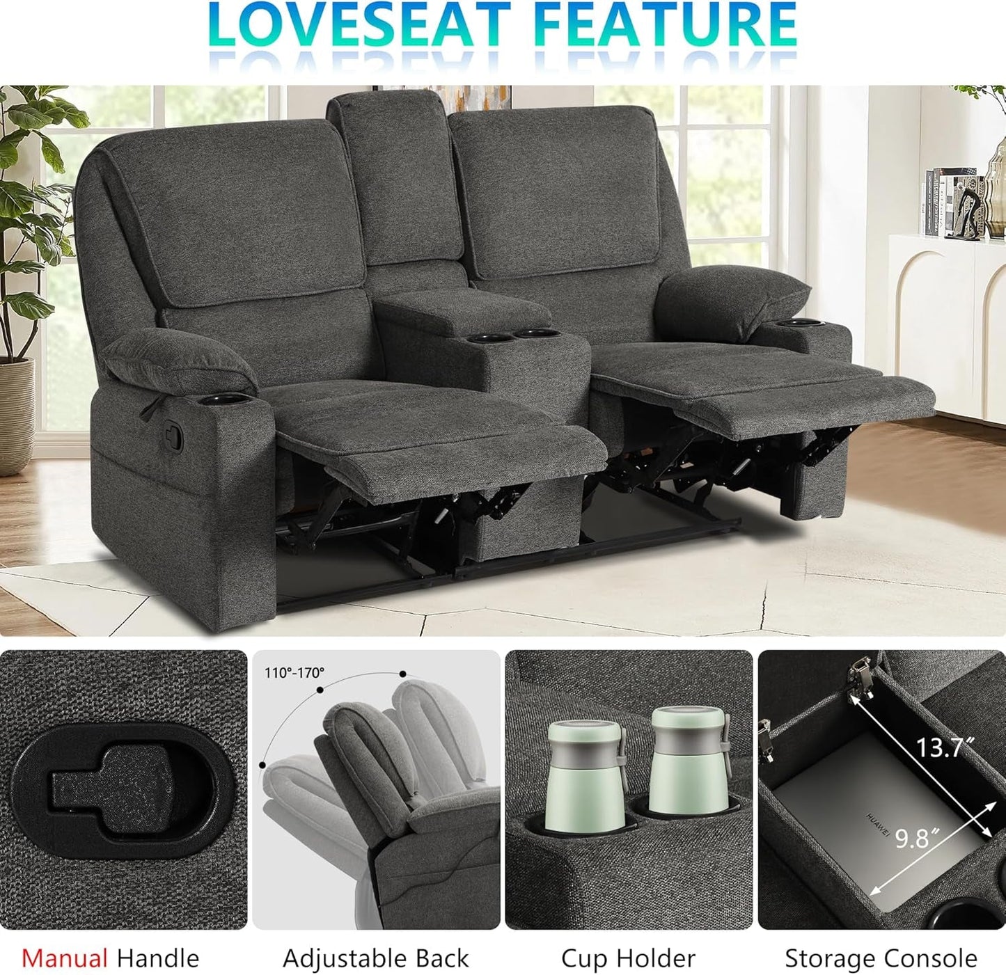 Reclining Living Room Set, 2-Piece Recliner Furniture Sofa, Loveseat Recliner and Swivel Recliner Chair with Cup Houlders for Living Room,Dark Grey-2
