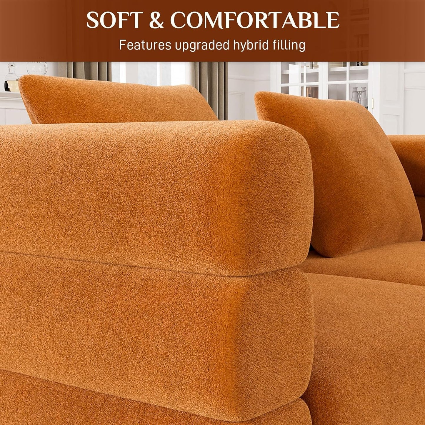 Living Room Sofa Couch and Loveseat Set, Modern Comfy Velvet Deep Seat Cloud Couch with 5 Pillows, Oversized Sofa Furniture Sets for Living Room Bedroom, Orange Velvet-4