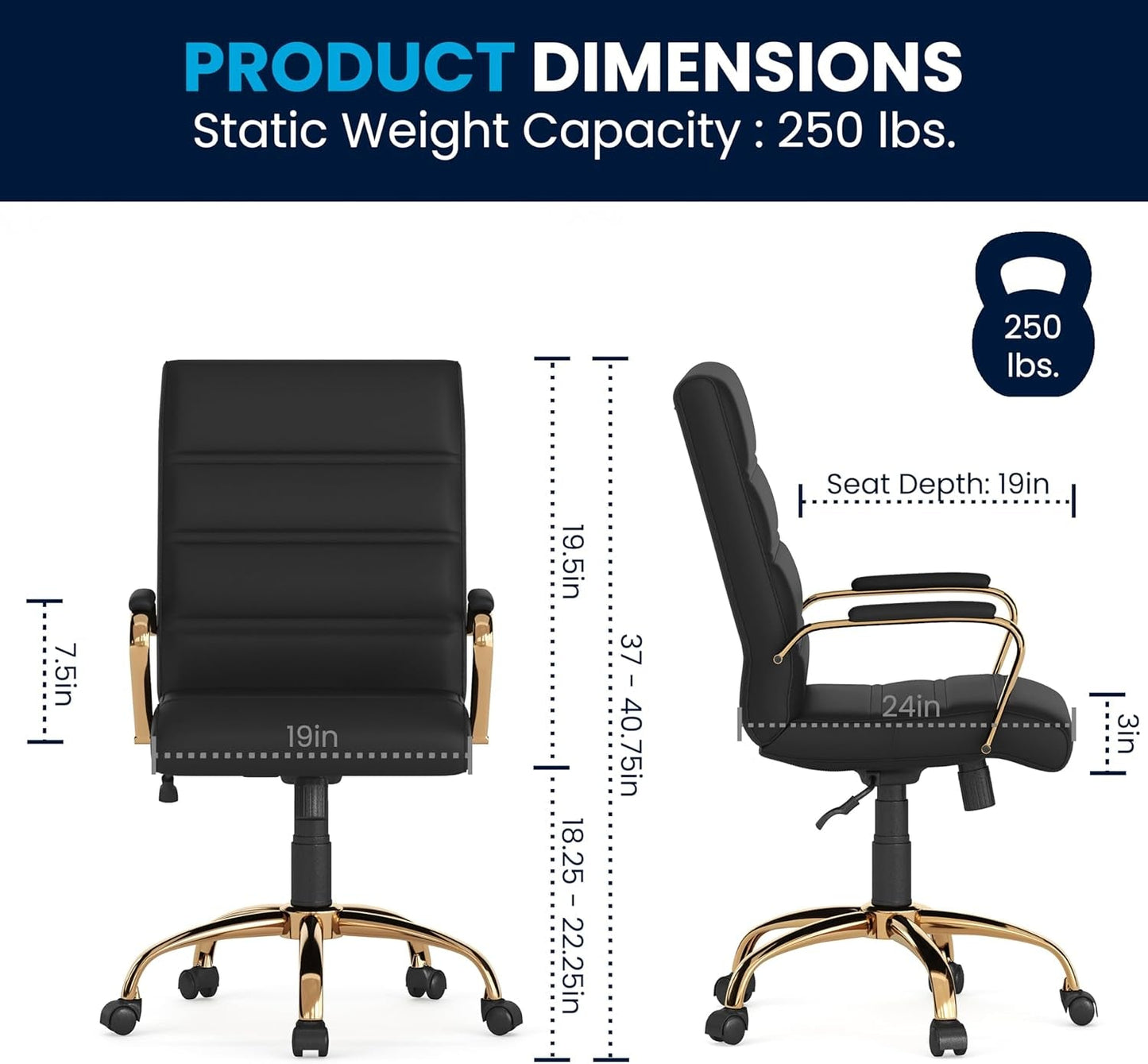 Whitney Mid-Back Swivel Leathersoft Desk Chair with Padded Seat and Armrests, Adjustable Height Padded Office Chair, Black/Gold-2