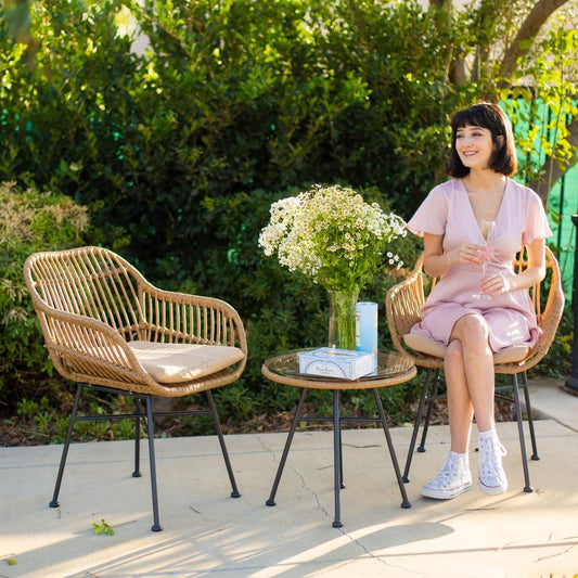 3Pcs Outdoor Bistro Chat Set Patio Conversation Wicker Chairs Glass Table with Seat Cushions, Beige-1