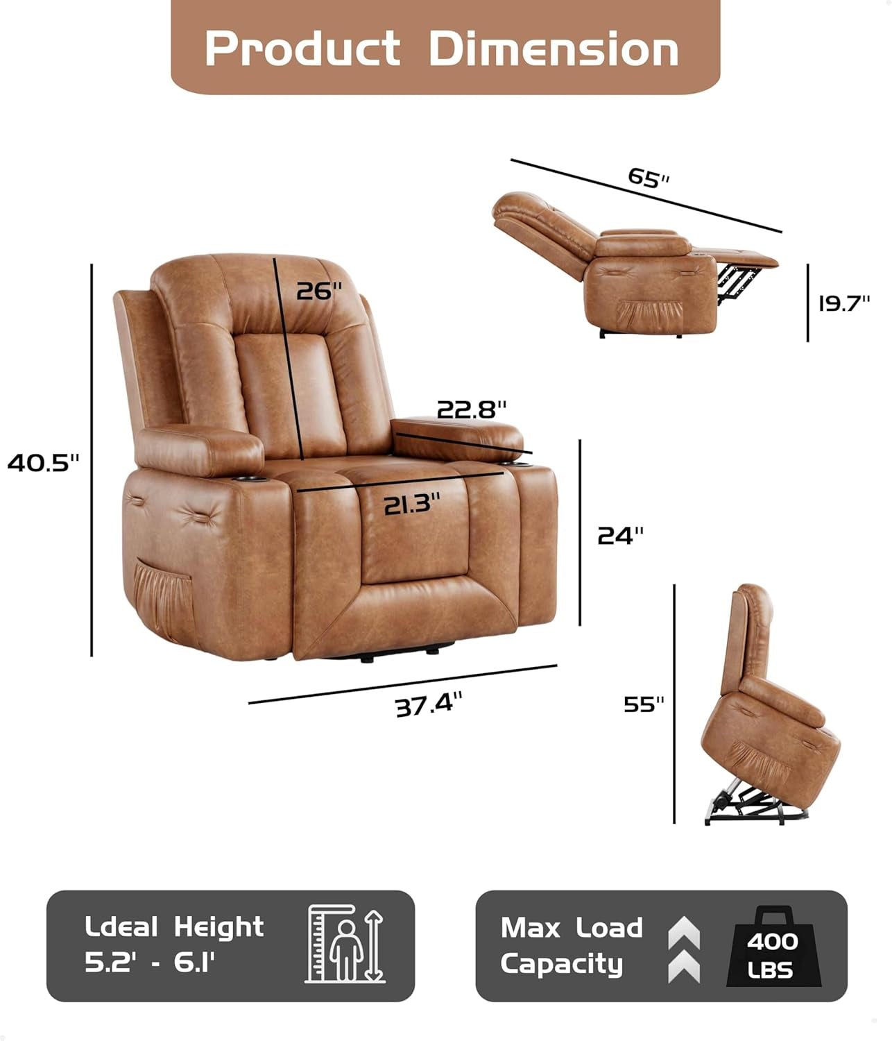 Power Lift Recliner Chair - Heat and Massage, Adjustable Back and Legs, PU Leather Electric Lift Chair Designed for the Elderly and People with Mobility Impaired-2