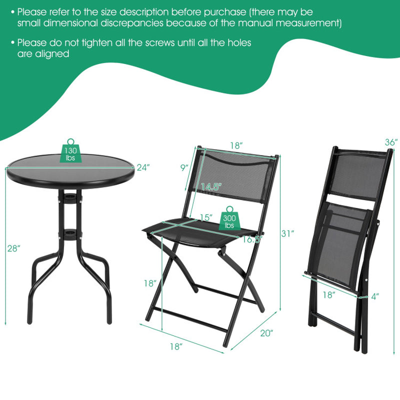 3 Pieces Folding Bistro Table Chairs Set for Indoor and Outdoor-2