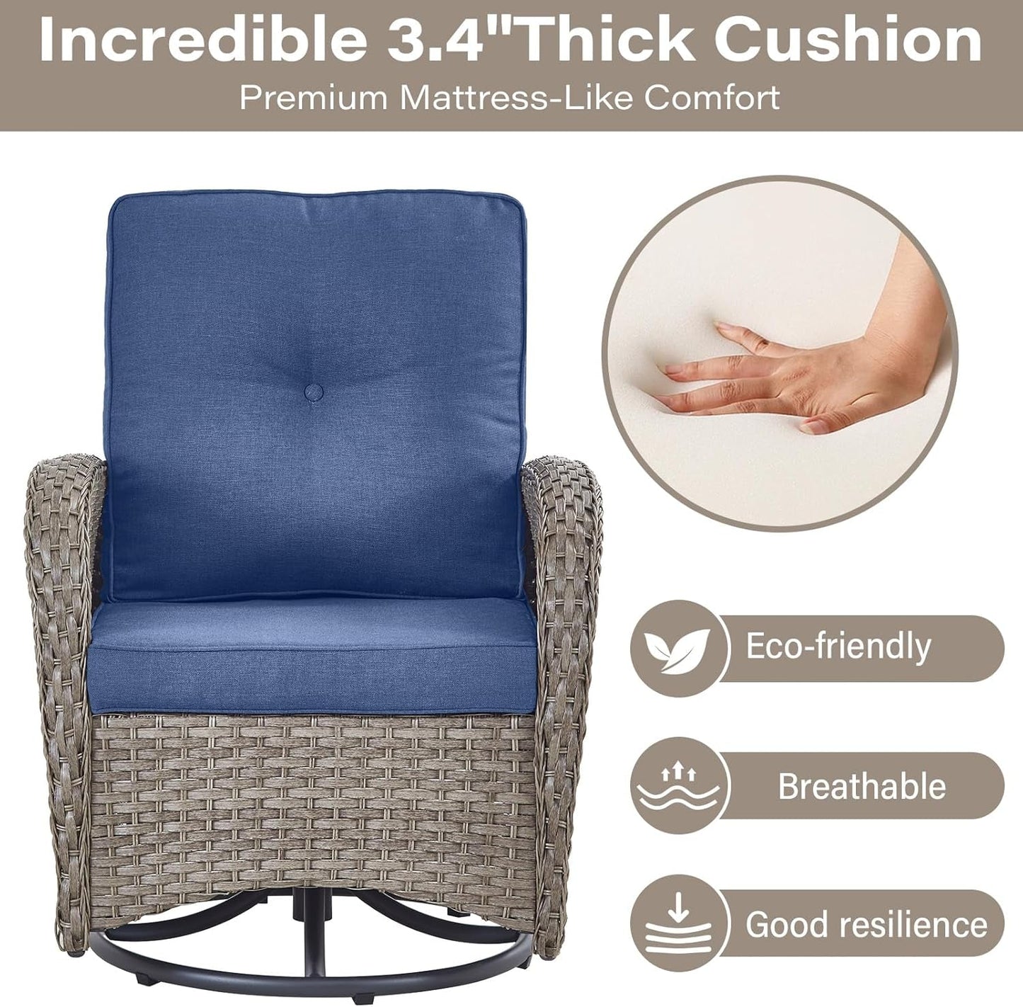 Swivel Patio Chairs Wicker Set - Outdoor Swivel Rocker Chair with Side Table, 3 Piece Patio Glider Chairs Furniture Set with Water-Resistant Cushions for Porch Deck Sunroom-3
