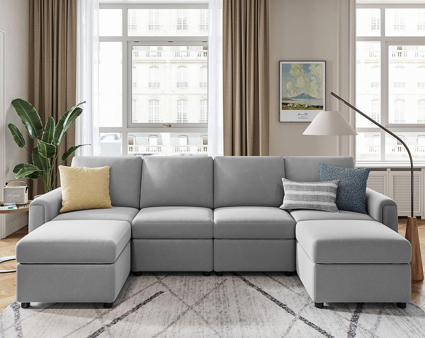 6 Seat Grey Modular Sofa, Ottomans, Storage-1