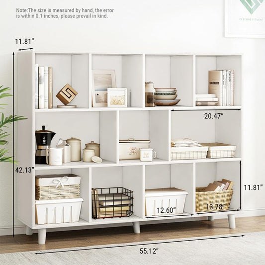 Open Cube Low Bookcase - 3-Tier Freestanding Storage Display Cabinet Organizer with Legs for Home Office, 11-Cubes Open Shelf Short Bookshelf, White-1