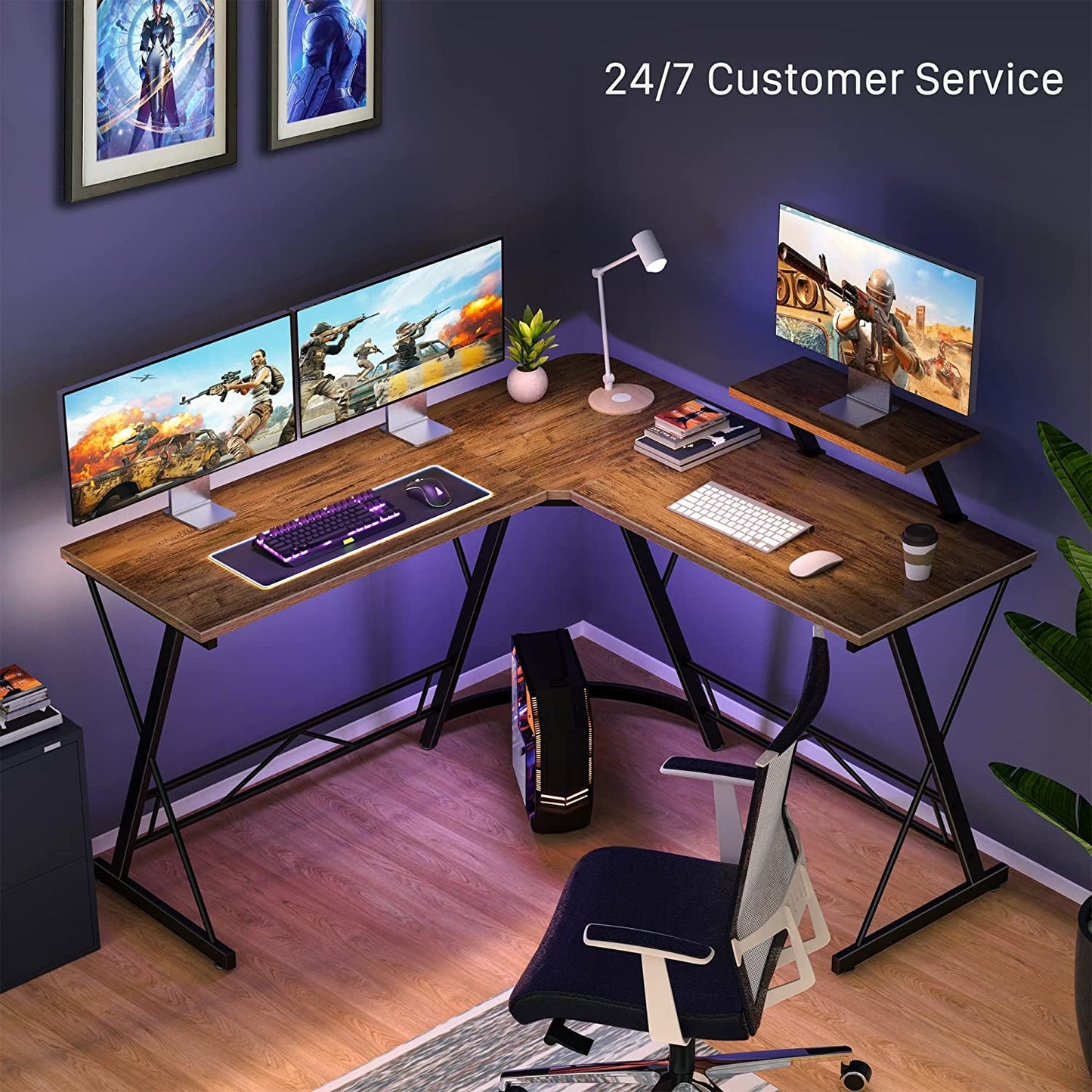 Vintage L-Shaped Gaming Desk with Monitor Stand-4