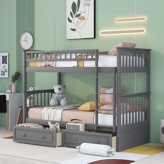 Grey Twin Bunk Bed with Storage, Drawers, and Safety Rail-1