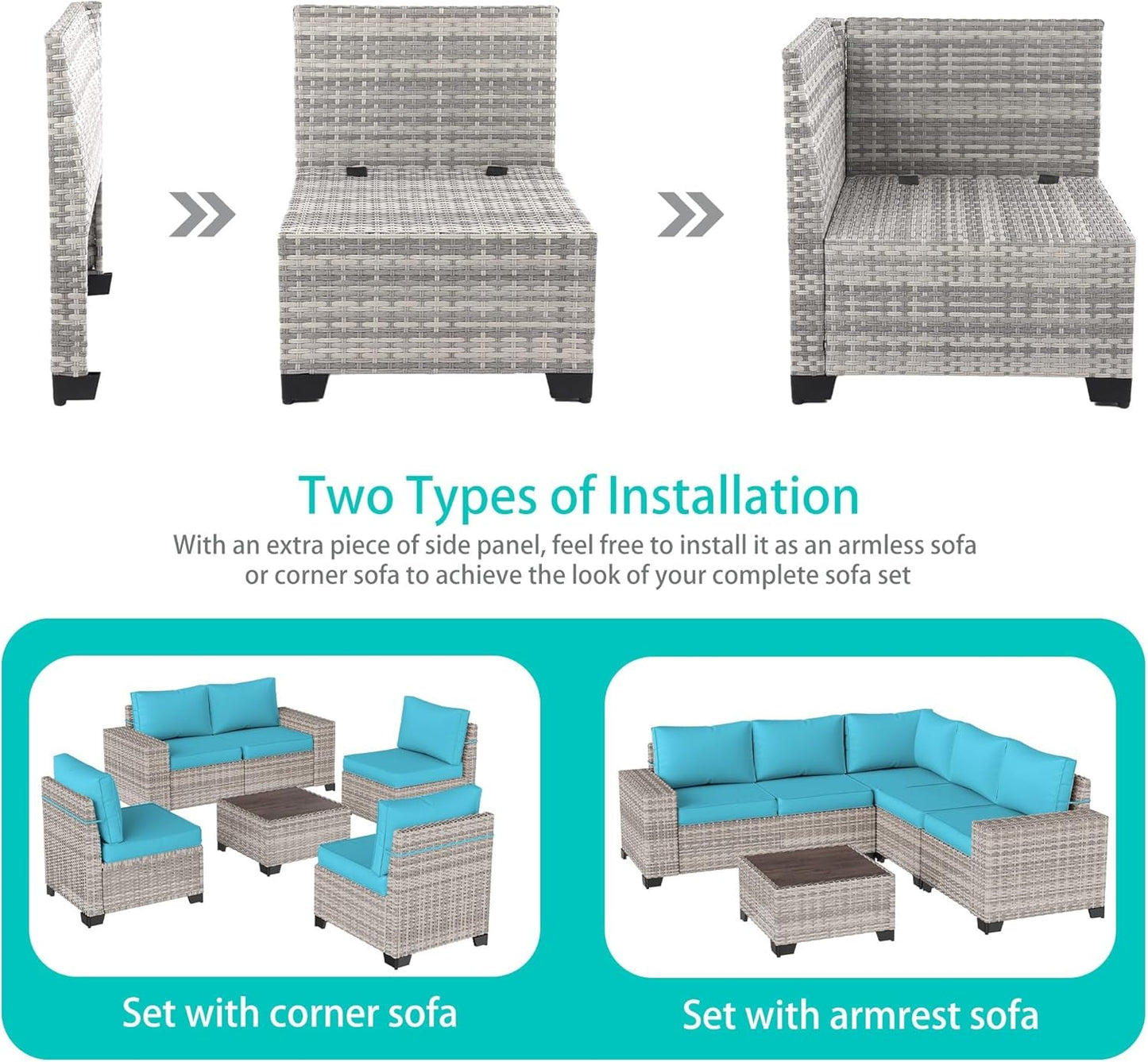 6-Piece Outdoor Patio Furniture Set Wicker Sectional Sofa Set, Patio Conversation Set with Thickened Cushions & Coffee Table for Garden, Backyard, Poolside, Turquoise-3