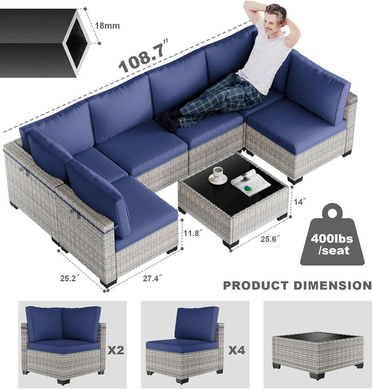 7-Piece Patio Furniture Set, Outdoor Patio Furniture with Thick Cushions, Modular Patio Sofa, Dual-Strand Wicker Rattan, Rust-Resistant Frame, Backyard Furniture for Garden, Deck, Navy Blue-1