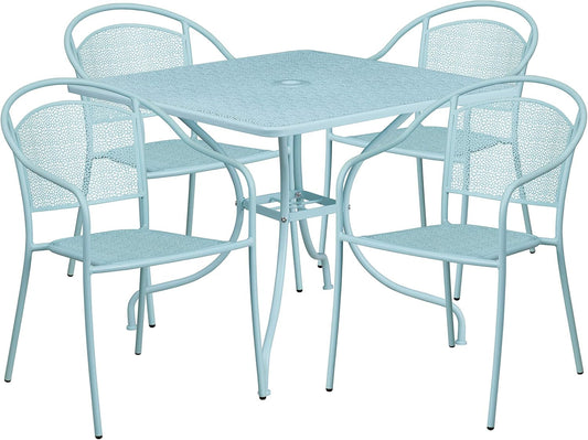 Commercial Grade 35.5" Square Sky Blue Patio Table Set-4 round Back Chairs-1