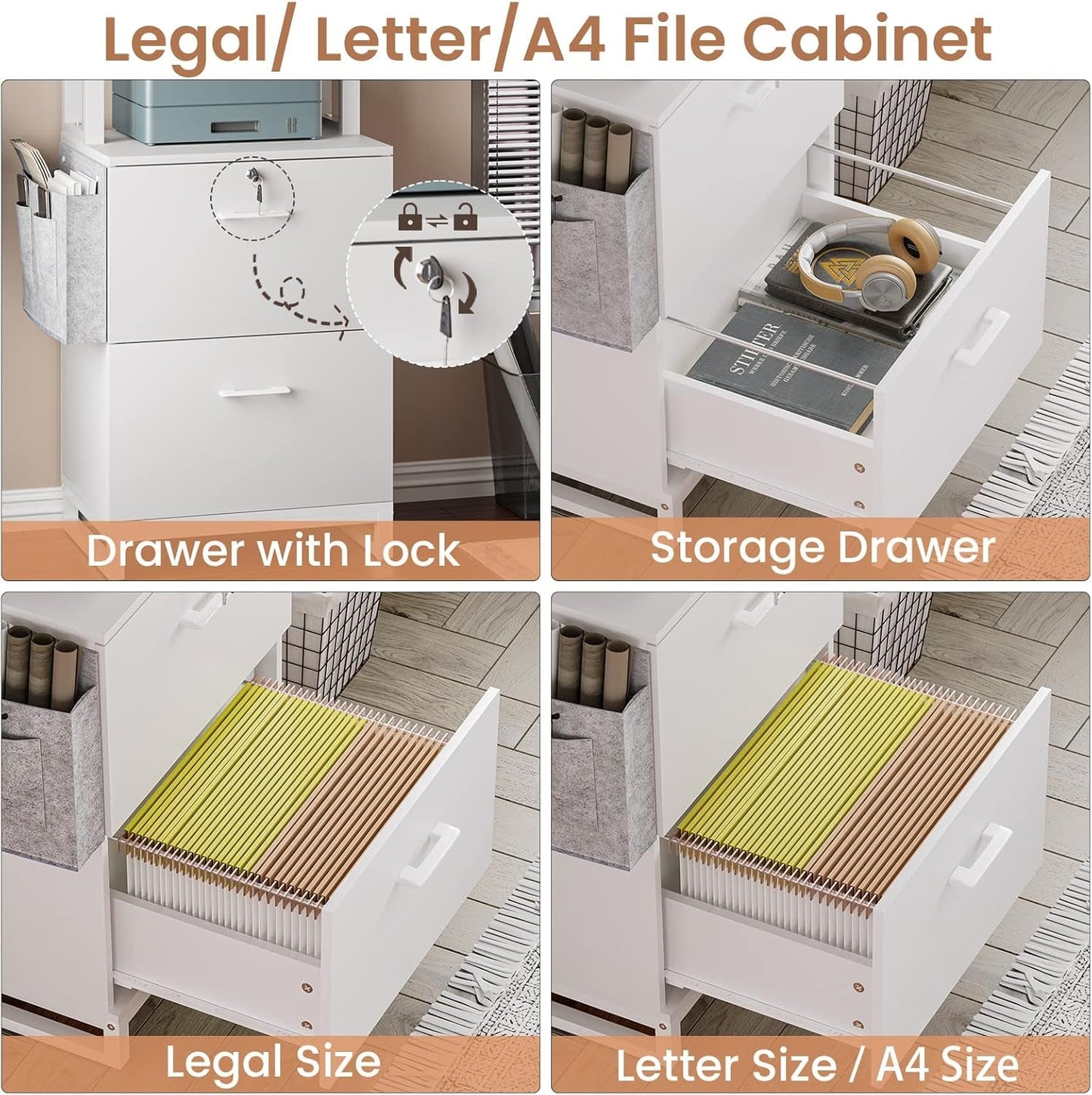 2 Drawer File Cabinet, Filing Cabinet with Lock Fits Letter, Legal, A4 Size, File Cabinets for Home Office with Storage Bag, Open Shelf and Hook, White-3
