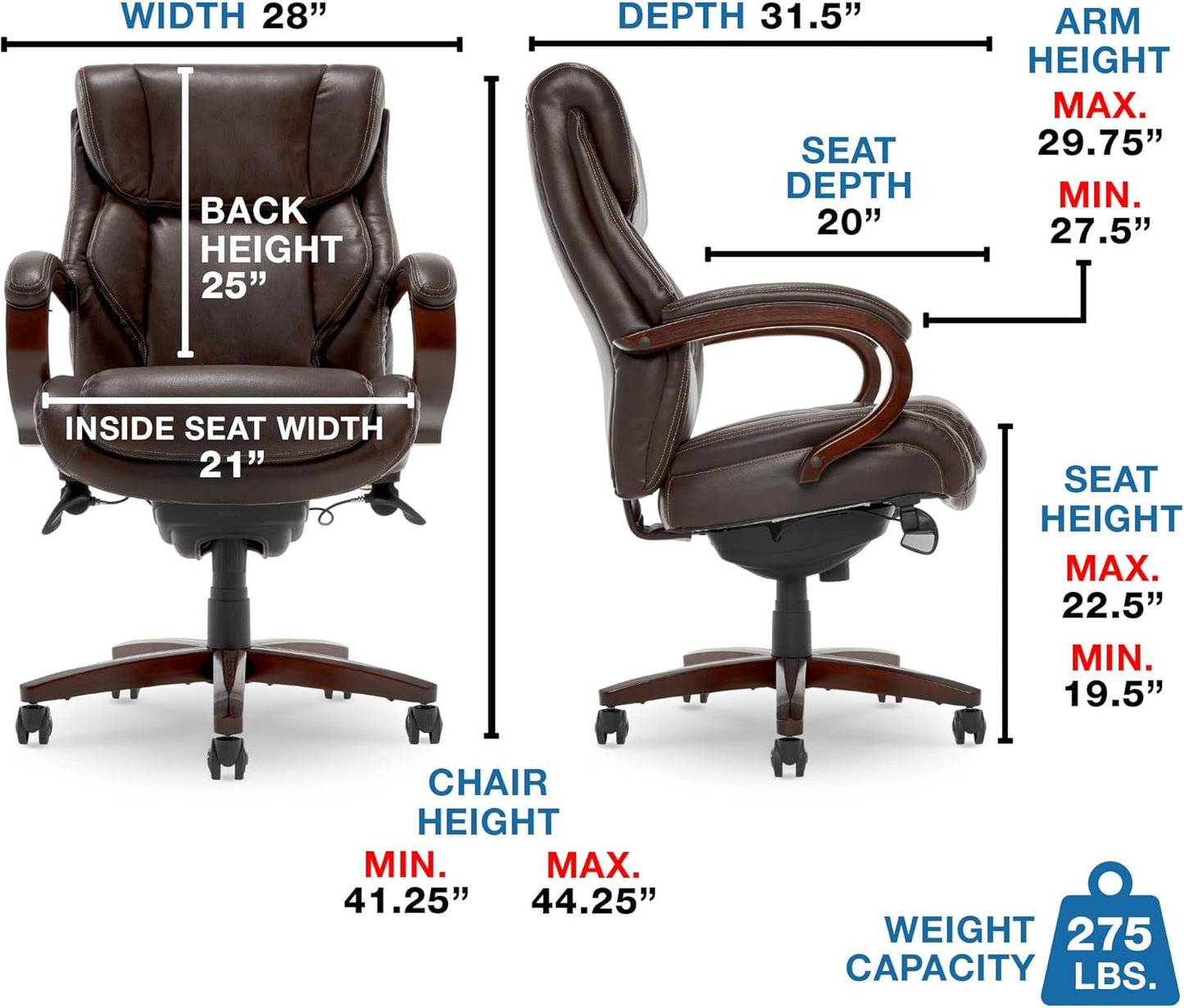 Bellamy Executive Office Chair with Memory Foam Cushions, Solid Wood Arms and Base, Waterfall Seat Edge, Bonded Leather, Brown-2
