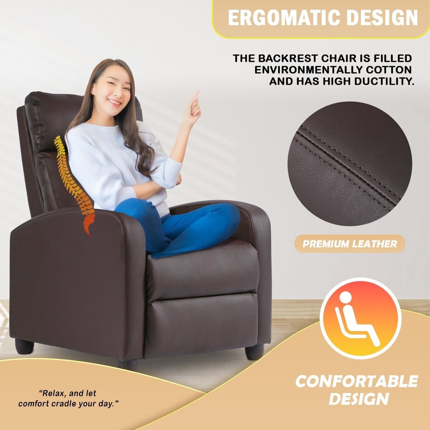 Recliner Chair Single Reclining Sofa Home Theater Seating with Lumbar Support and Padded Backrest for Living Room and Bedroom (Leather, Brown)-3