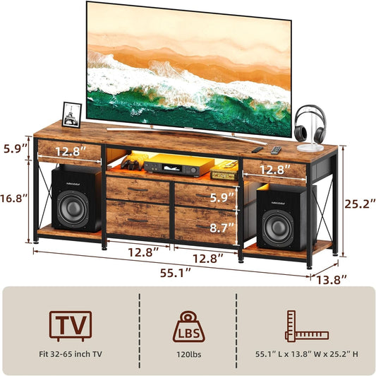 LED TV Stand with 6 Fabric Drawers and Power Outlet for 55 60 65 Inch Tvs, Entertainment Center with Open Storage Shelves, Dresser TV Stand for Bedroom/Living Room,Rustic Brown-1