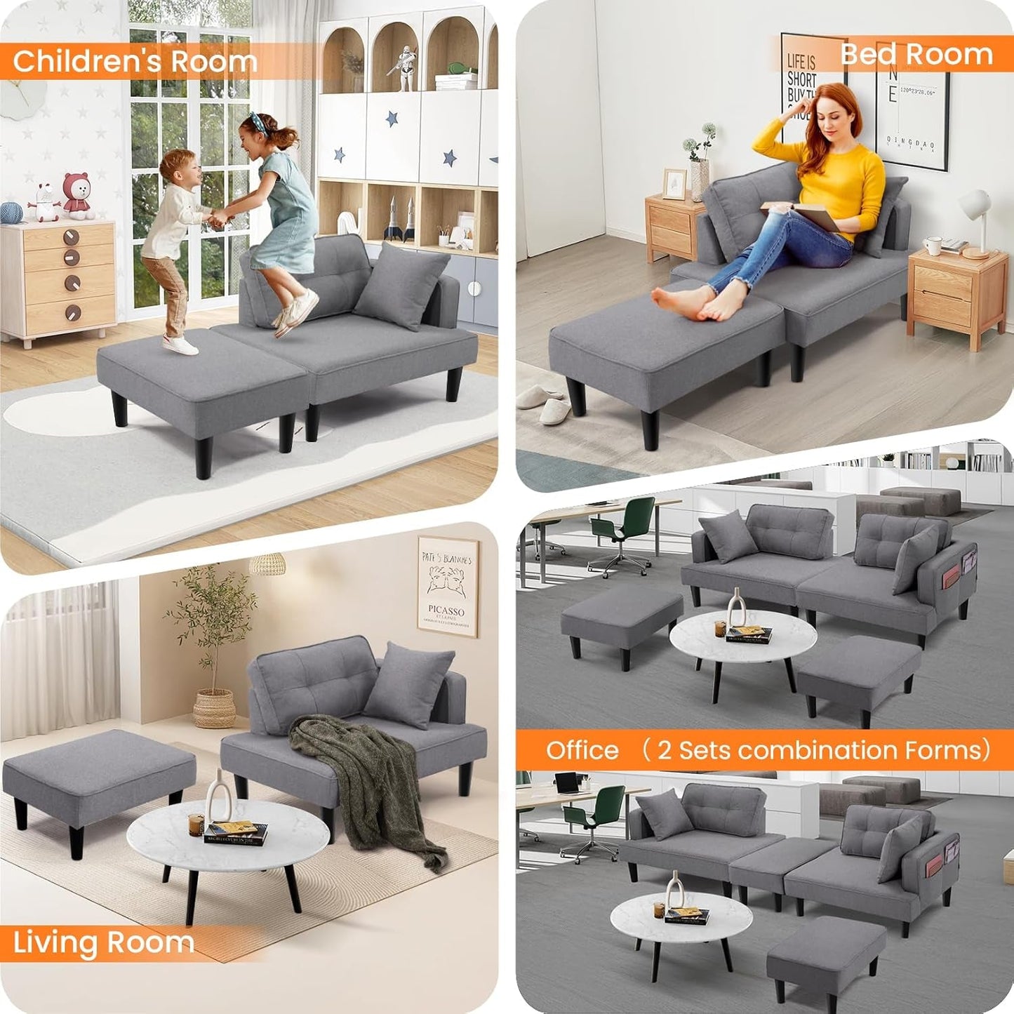 Recliner Sofa Bed Modular Sectional Convertible Sofa for Small Space, Flexible Combination Corner Couch with Ottoman, Modern Flax Fabric Loveseat for Apartment Sleeping Room Living Room,Right Armrest-2