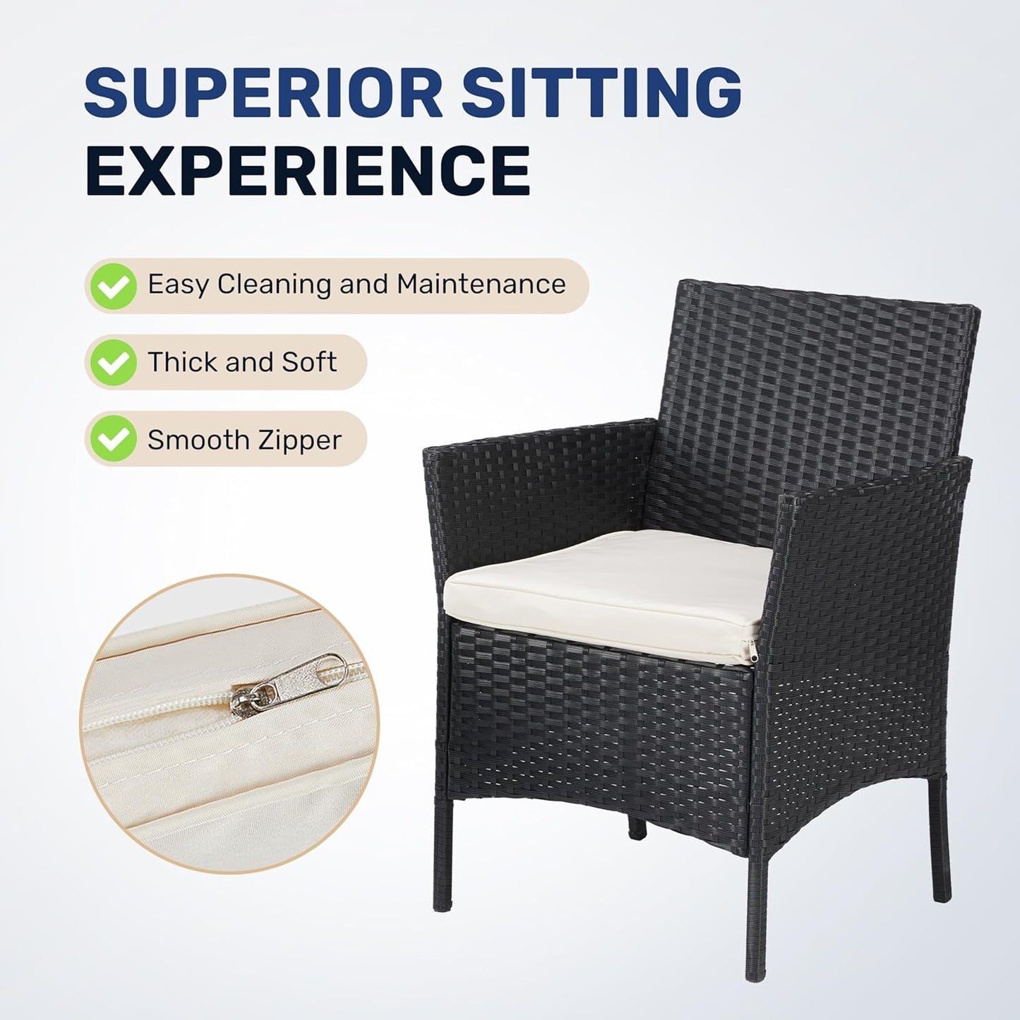 Patio Furniture Set 3 Pieces Outdoor Rattan Wicker Chairs with Soft Cushion and Glass Coffee Table, Waterproof Conversation Bistro Loveseat for Garden Backyard, Balcony, Terrace, Black-2