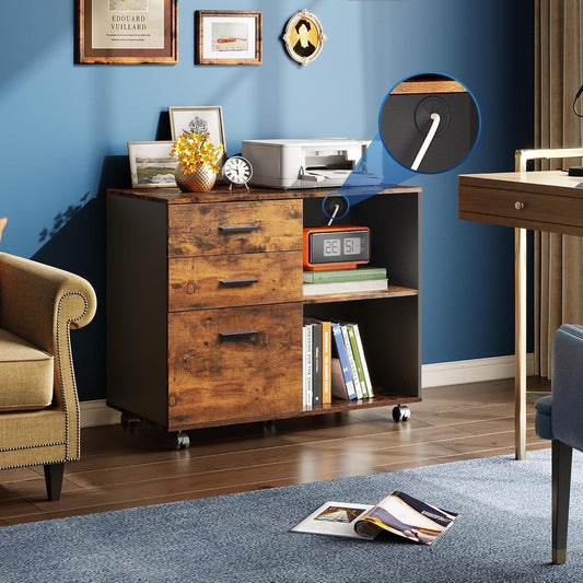 3 Drawer Mobile File Cabinet, Wood Lateral Filing Cabinet, Printer Stand with Open Shelves for Home Office, Rustic Brown-1