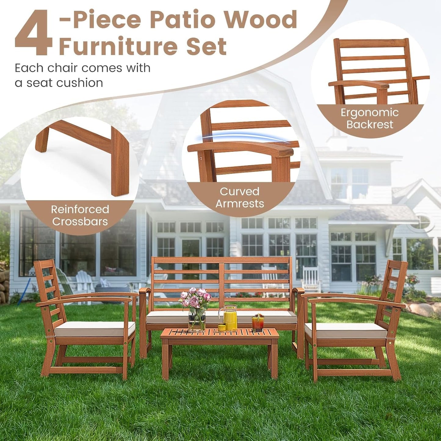 4 Pieces Outdoor Furniture Set, Acacia Wood Conversation Set W/Soft Seat Cushions, Stable Acacia Wood Frame, Patio Sofa & Coffee Table Set for Backyard, Porch, Poolside (White)-4