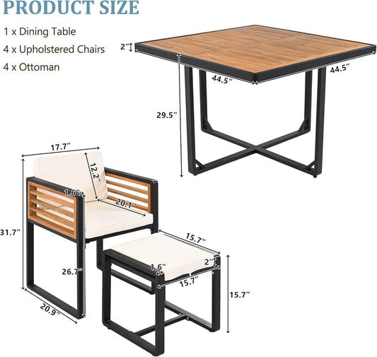 9 Pieces Outdoor Dining Set for 8 People, Acacia Wood Patio Furniture Sets with 1 Square Table, 4 Cushioned Chairs and 4 Ottomans for Backyard, Garden, Lawn, Poolside, Space Saving Design, Beige-1