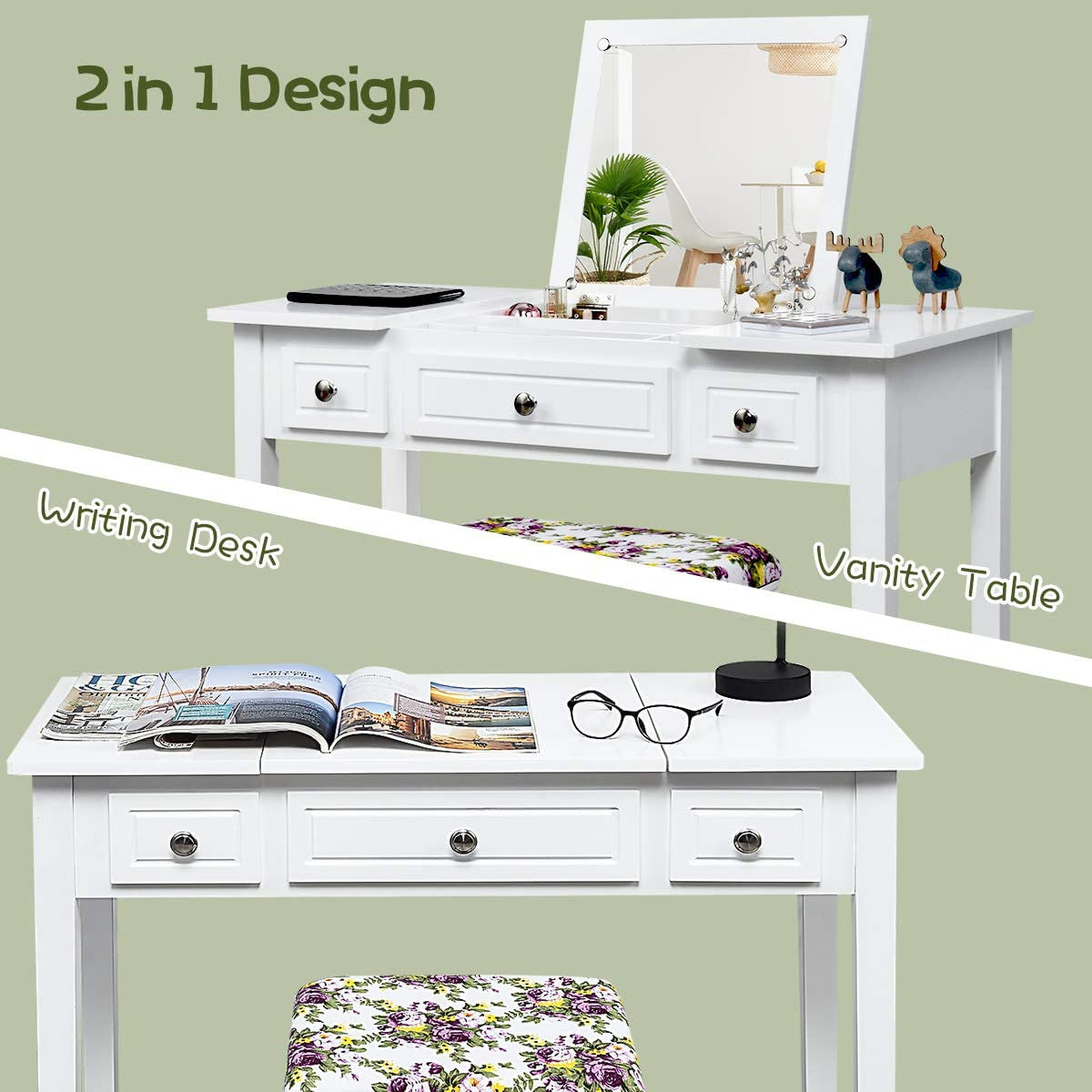 White Vanity Set with Flip Top Mirror and Drawers-3