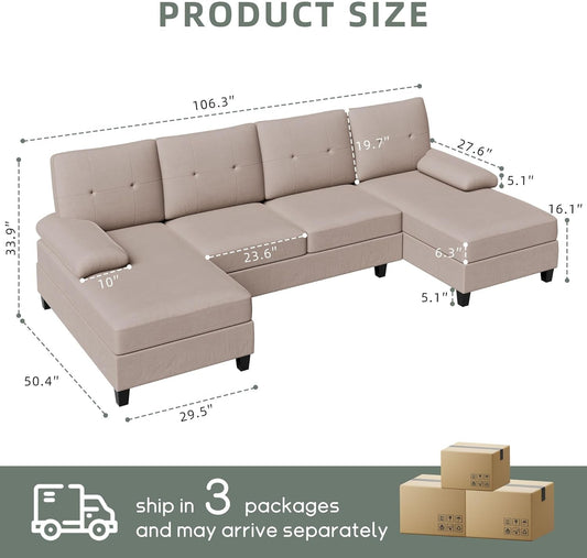 U-Shaped Sectional Sofa with Double Chaise, 4-Seat Linen Fabric Living Room Furniture Set, High-Density Cushions for Ultimate Comfort & Modern Style, Beige-1