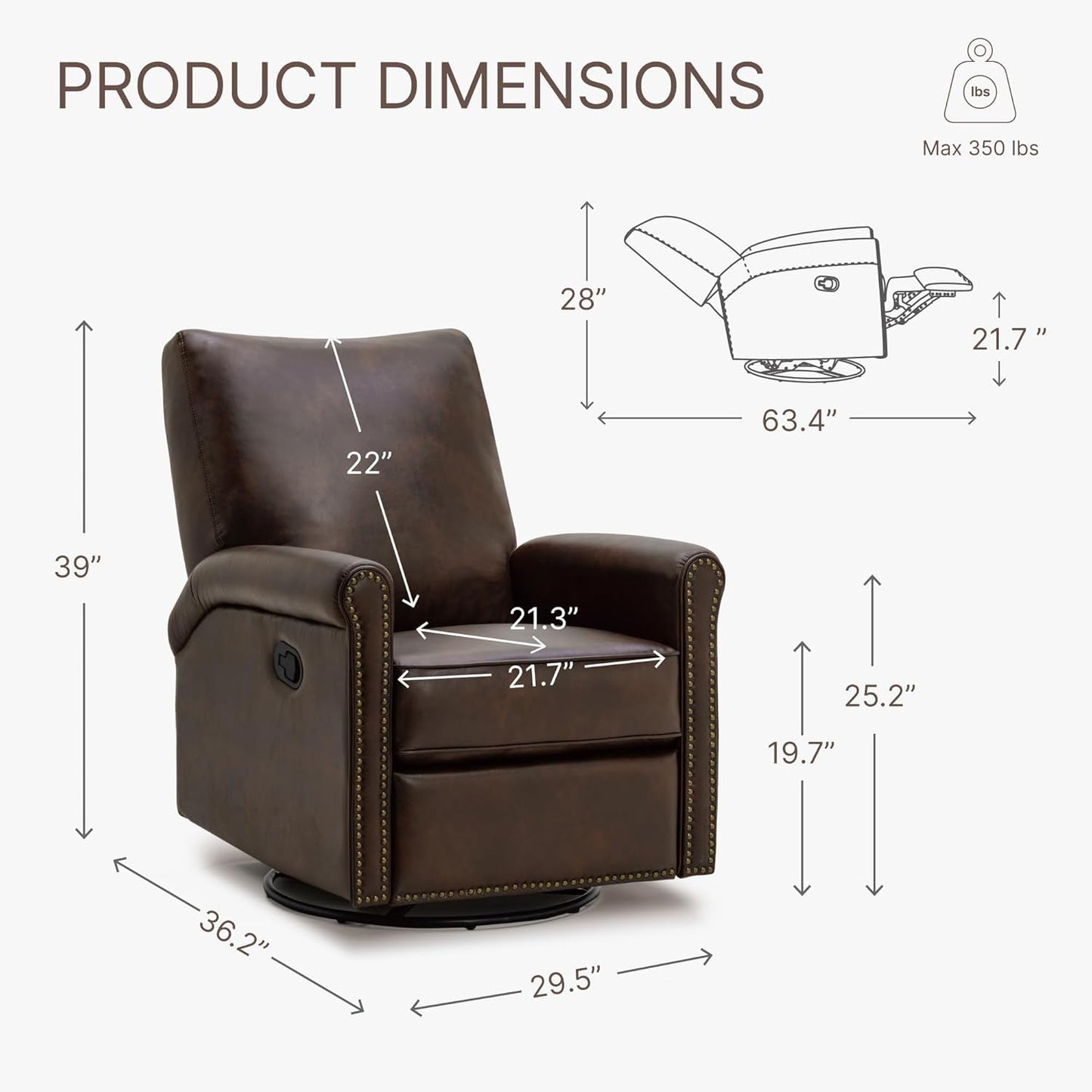 Large Leather Recliner Chair Faux Swivel Rocker for Adults Manual Sofa for Living Room Bedroom Home Theater Seating-2