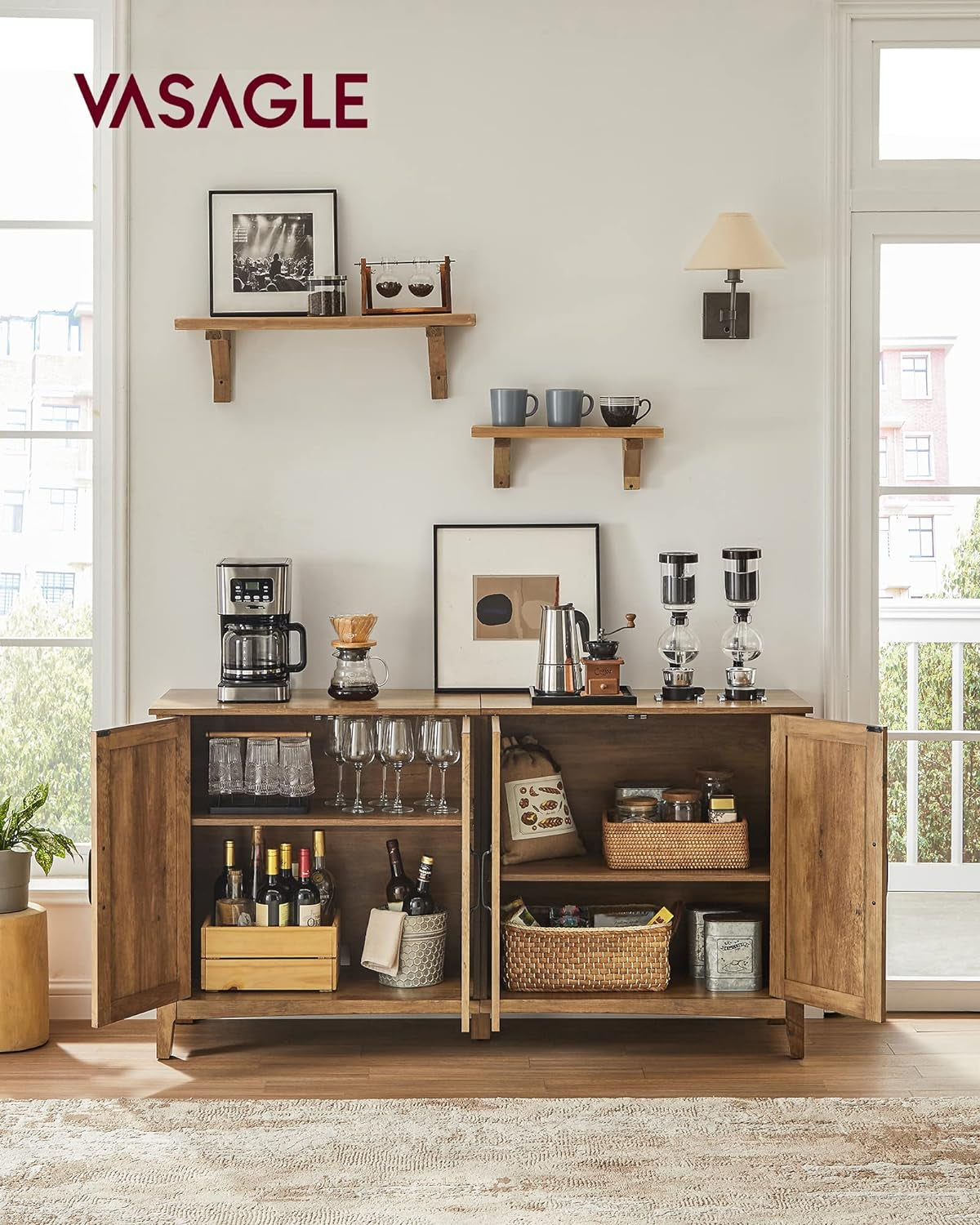 Rustic Walnut Buffet Cabinet with Adjustable Shelves-2