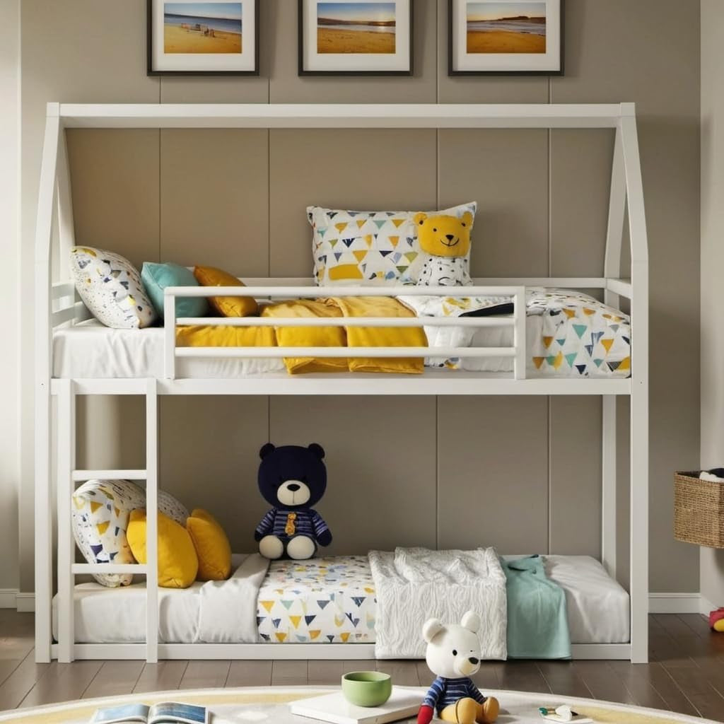 Full over Full Metal Floor Bunk Bed with Safety Guardrails and Roof Design for Kids,Girls, Boys,House Shaped Bunk Bed Frame,No Box Spring Required,White-2
