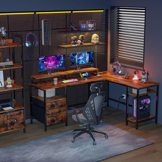 66” L Shaped Desk with Power Outlet, Reversible Computer Gaming Desk with File Drawer & 2 Monitor Stands for Home Office with Storage Shelves, Rustic Brown-1